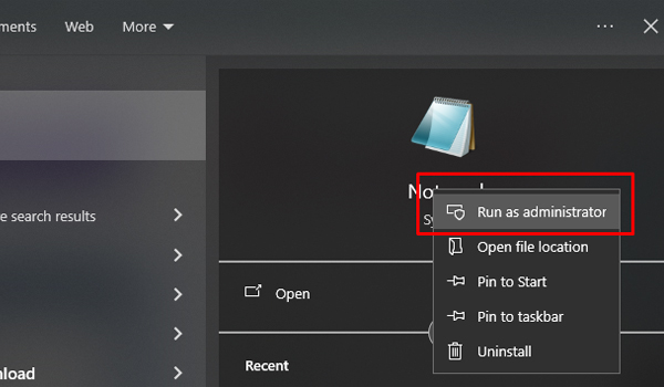 Mở Notepad với quyền quản trị viên (Administrator)