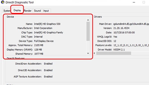 Kiểm tra bằng dxdiag (DirectX Diagnostic Tool)